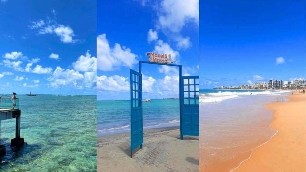 Colagem de 3 fotos de praias em Maceió. A primeira (à esquerda) é de uma mulher em uma ponte olhando o mar e o horizonte. A segunda (no meio) é de uma porta azul com uma placa escrito "Maceió é massa" com um mar azulado de fundo. A terceira (à esquerda) é de uma praia, com uma parte da areia e o mar com poucas ondas.