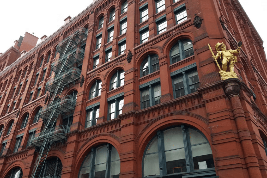 Vista de um prédio de fachada vermelha em SoHo, com aquelas escadinhas de incêndio características do lado e uma escultura de um anjinho com roupas de época, sendo uma das opções de o que fazer em Nova York