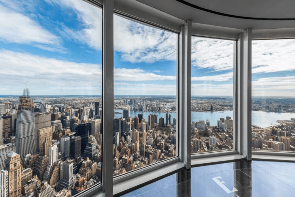 Vista da cidade de Nova York a partir do Empire State Building, com muitos prédios e lagos, além do céu azul com nuvens