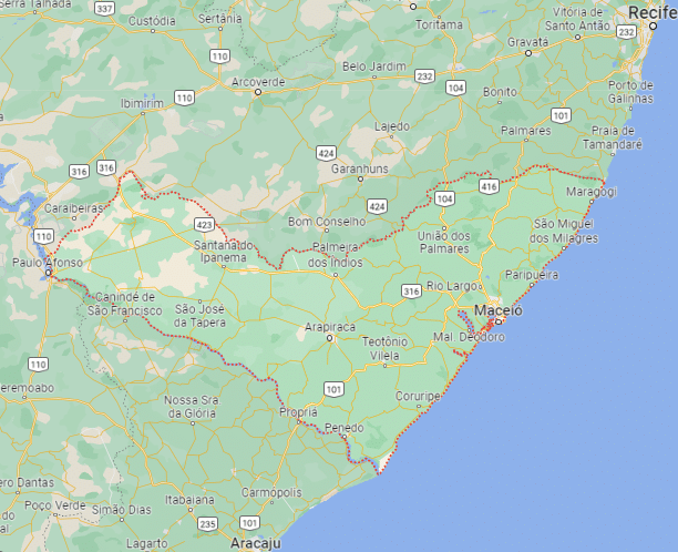 Print do Google Maps mostrando entre pontilhados o estado de Alagoas, que faz divisa com Recife e Aracaju