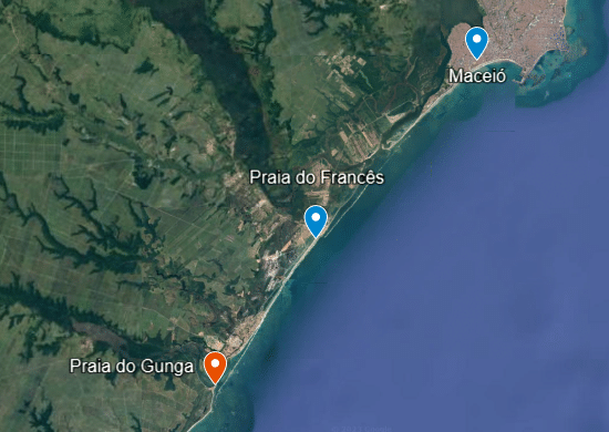 Mapa com imagem do Google Earth mostrando o litoral sul de Alagoas de Maceió até a Praia do Gunga