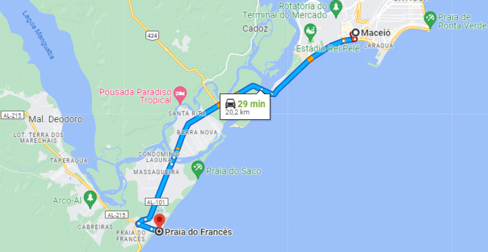 Mapa do Google Maps mostrando o percurso entre Maceió e praia do Francês. O percurso tem 20,2 km e pode levar cerca de 29 minutos de carro.