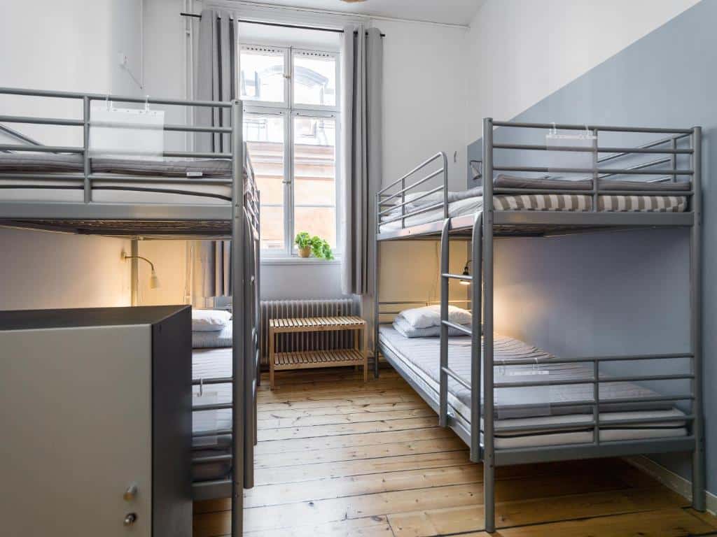 Quarto compartilhado do Castanea Old Town Hostel com duas camas beliches em cada lado do ambiente. Representa hotéis em Estocolmo.