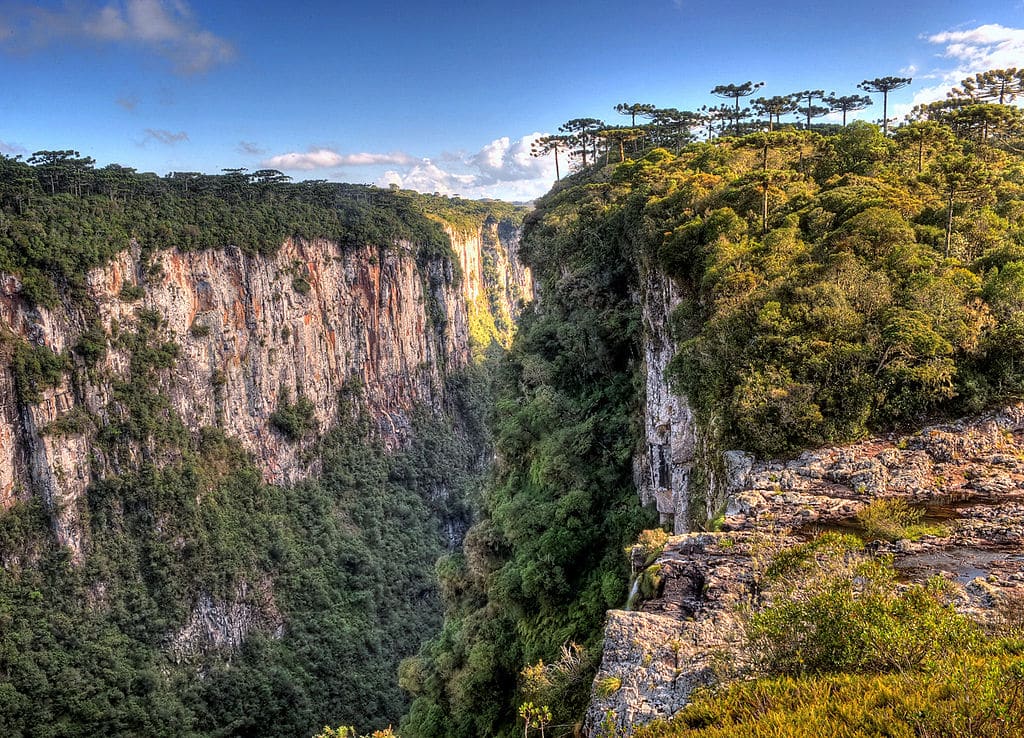 Imagem do Cânion Itaimbezinho no Parque Nacional de Aparados da Serra. São duas estruturas rochosas com uma divisão no meio e com árvores e arbustos em cima e dos lados. O cânion é bem alto e tem muita profundidade.