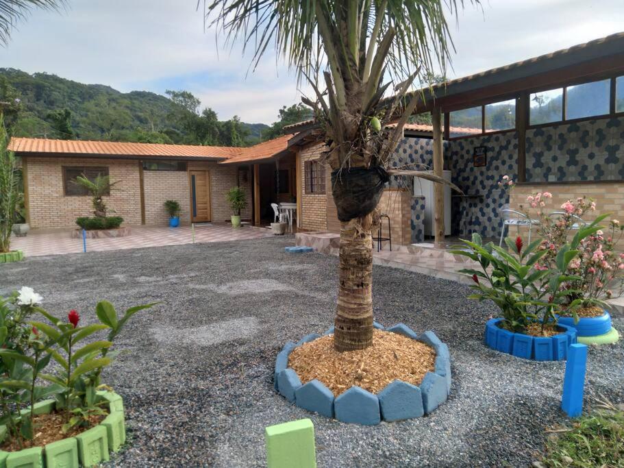 Área externa do chalé recanto Monte fuji. Um chão de pedra com espaços decorados com planta, no fundo a casa.