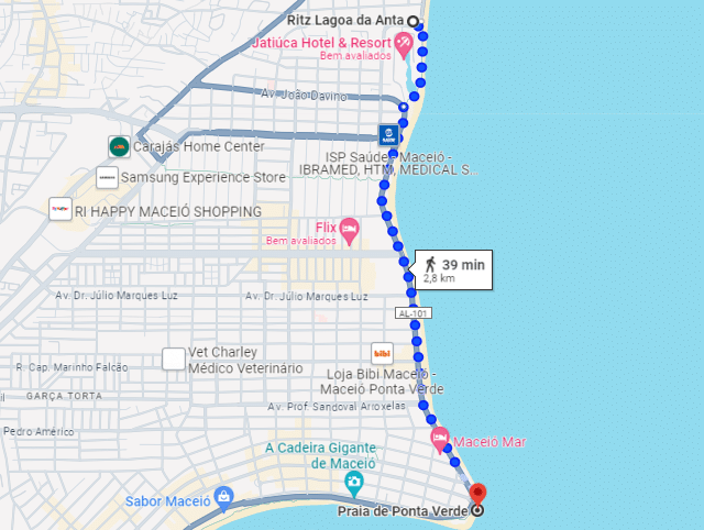 Print do mapa do Google Maps, mostrando a rota de 2,8 km (39 minutos a pé) entre o Ritz Lagoa da Anta e a Praia de Ponta Verde que fica no centro