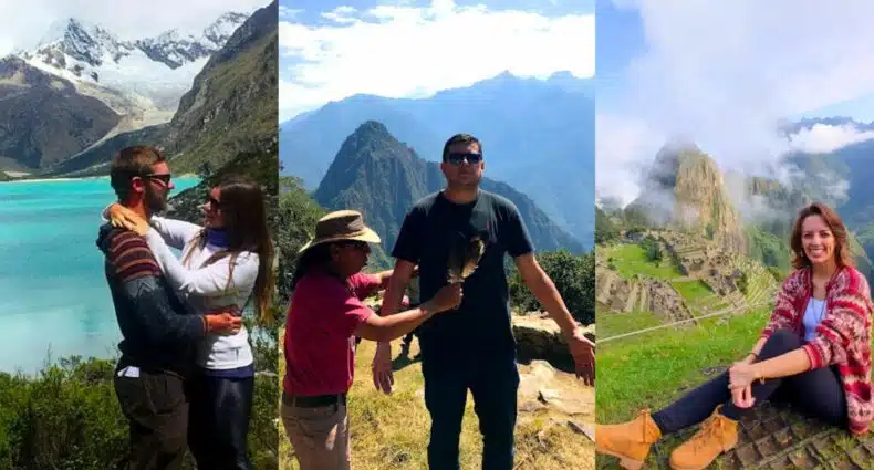 Colagem de três fotos. A primeira (à esquerda) é de um casal se abraçando, olhando um para o outro e sorrindo. Ao fundo há um lago azulado e montanhas cobertas de neve. A segunda imagem (no meio) é de um homem peruano fazer um ritual, passando penas em outro homem que está com os braços semi abertos e de olhos fechados. Ao fundo há montanhas e muita natureza. A terceira foto (à direita) é de uma mulher sentada e sorrindo, com a visão de machu Pichu ao fundo. Há núvens atravessando o topo da montanha. Representam o que fazer no Peru