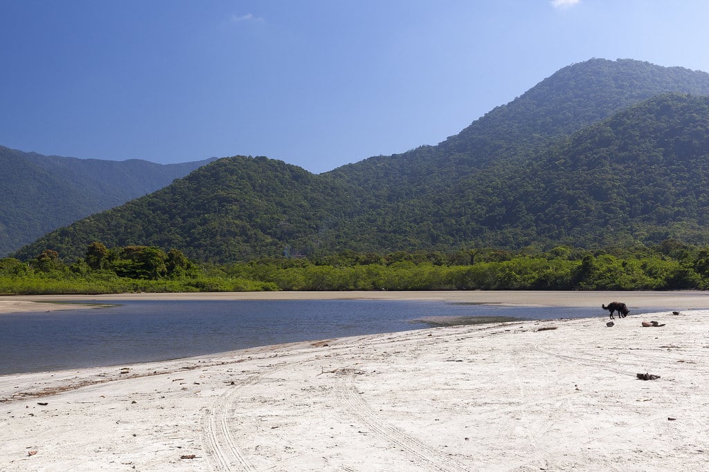 Foto da praia de Ubatumirim. Uma faixa de areia, no meio um lago, no fundo árvores.