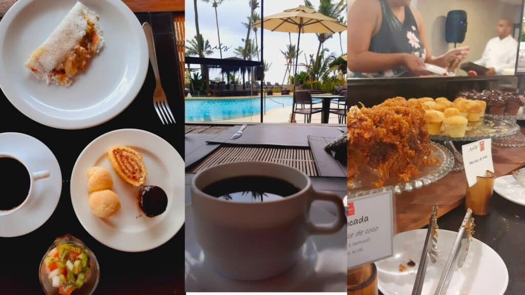 Colagem de três fotos do café da manhã do Ritz. A primeira (à esquerda) é de um prato com tapioca, outro com massas diversas, uma xícara de café e um potinho com salada de frutos. No meio, é de uma xícara de café com a vista da piscina de fundo. A terceira imagem (à direita) é são dos bolos do hotel
