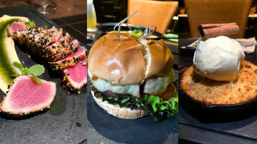 Colagem de três fotos com diferentes pratos servidos no restaurantte do Ritz. A primeira (à esquerda) são carnes cortadas com um creme ao lado, a segunda (ao meio) é de um lanche de hamburguer, a terceira (à direita) é de uma cocada com sorteve e canela em pau em cima.
