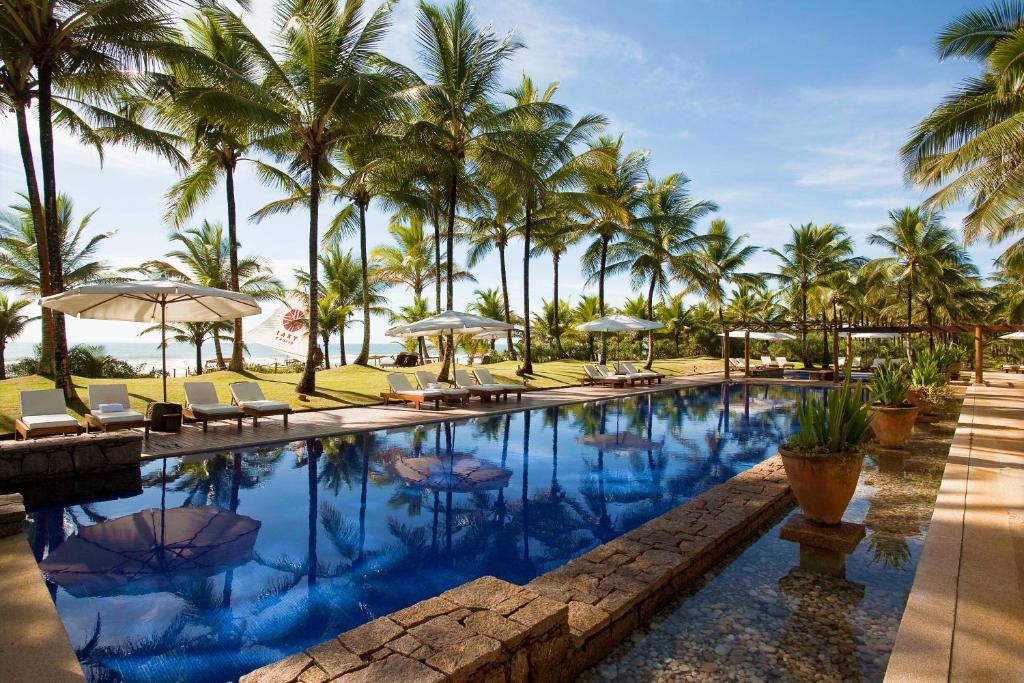 Foto do Txai Resort. Há uma longa piscina com um deck charmoso cheio de espreguiçadeiras e guarda-sóis. Há também vários coqueiro enfileirados atrás do deck.