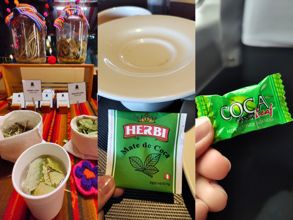 três imagens editadas e compiladas em uma única foto. A primeira mostra várias folhas dispostas em potes transparentes, atrás de um copo descartável de chá de coca. A imagem do meio é um sachê verde de chá de coca, com uma xícara branca atrás dele. E a última imagem, à direita, é uma balinha de coca.