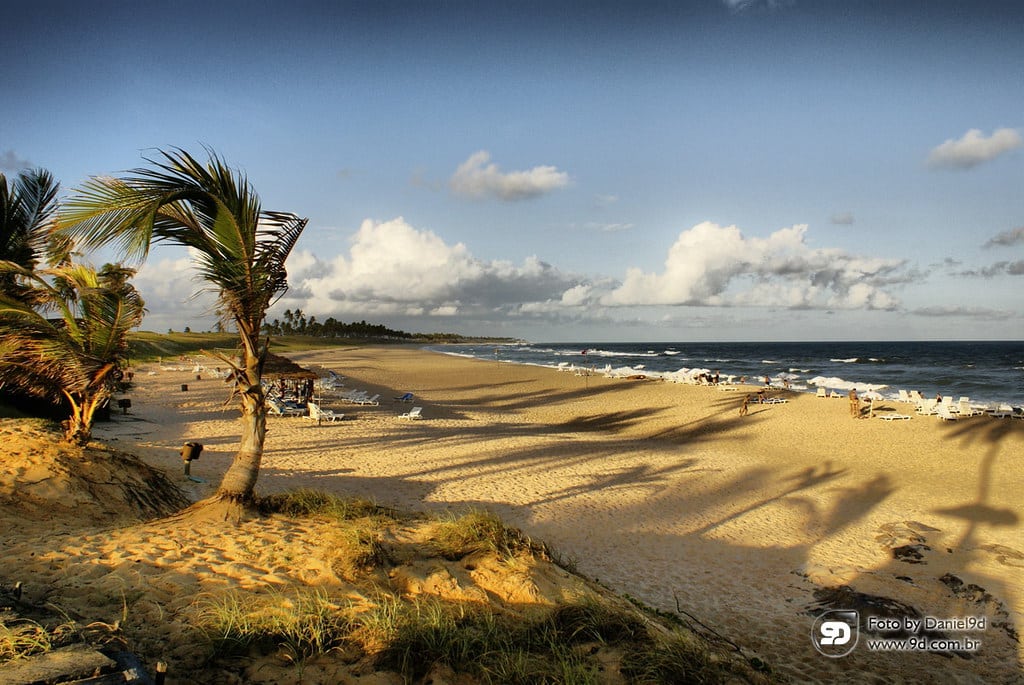 Praia da Costa do Sauípe durante o dia com areia a frente com cadeiras ao fundo do lado esquerdo da imagem e já do lado direito da imagem o mar.