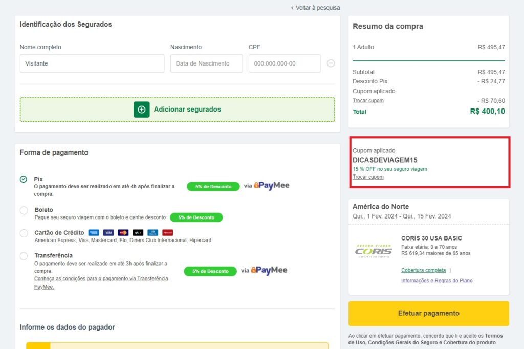 Print da tela do site da Seguros Promo na área de pagamento