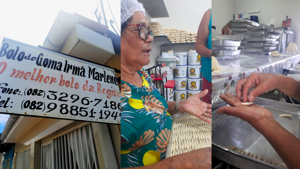 Colagem de três fotos, mostrando a fábrica de biscoito da Irmã Marlene, uma das opções de o que fazer em Maragogi. A primeira foto (à esquerda) é da placa de frente à casa onde é a fábrica escrito "Bolo de Goma Irmã Marlene, O melhor Bolo da região, (082) 3296-7186. A segunda (meio) é de uma senhora (a irmã Marlene, dona da fábrica) enrolando os biscoito na mão. A terceira (à esquerda) é de duas mãos mostrando como enrolar os biscoitos