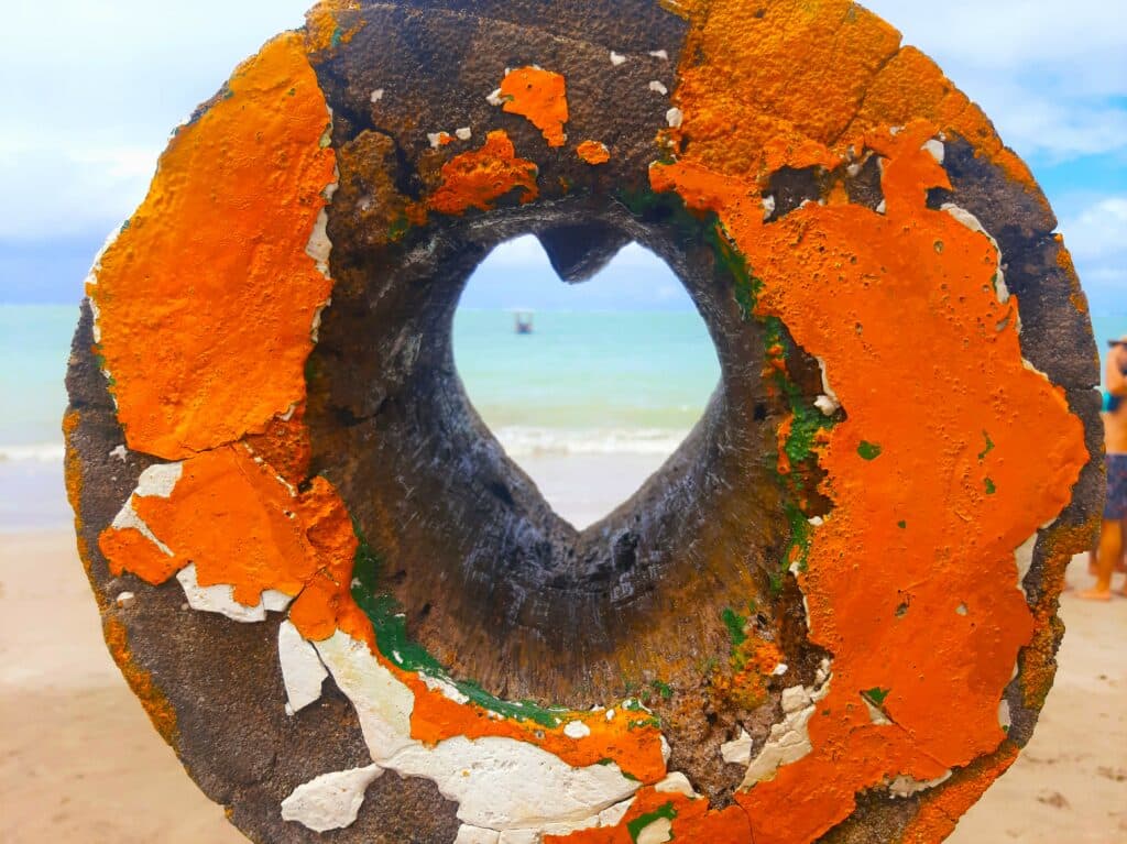 Tronco redondo com um buraco no meio e um formato de coração na borda à frente, que serve de moldura para tirar fotos. É possível ver dentro do tronco o mar ao fundo com um barco navegando. Representa o que fazer em Maragogi