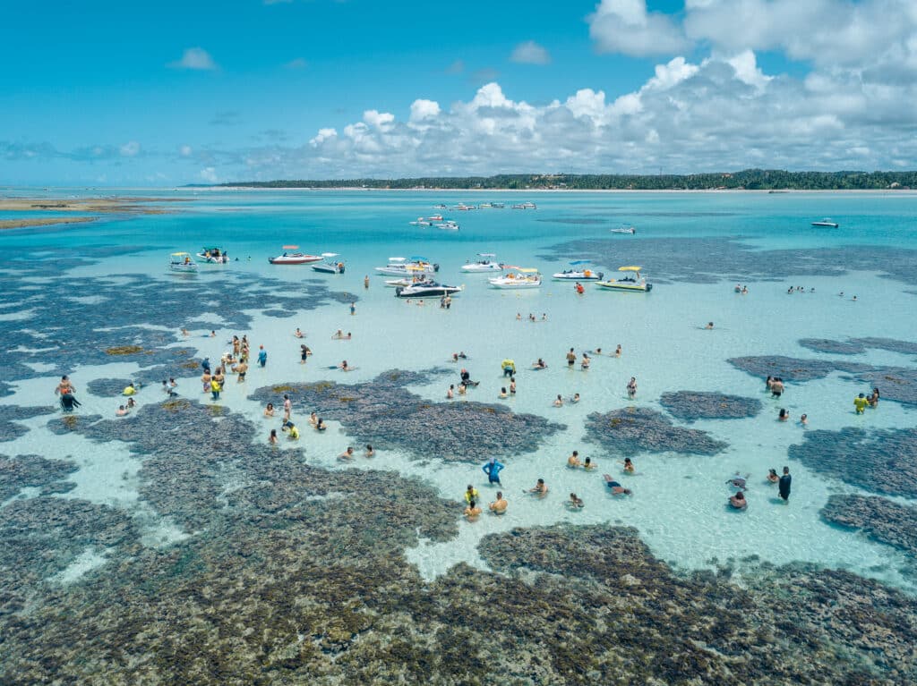Vista aérea das piscinas naturais de Maragogi. A imagem foi tirada em um dia ensolarado, o mar é transparente, tem barreiras de corais no meio e várias pessoas nadando entre elas. Há alguns barcos navegando.