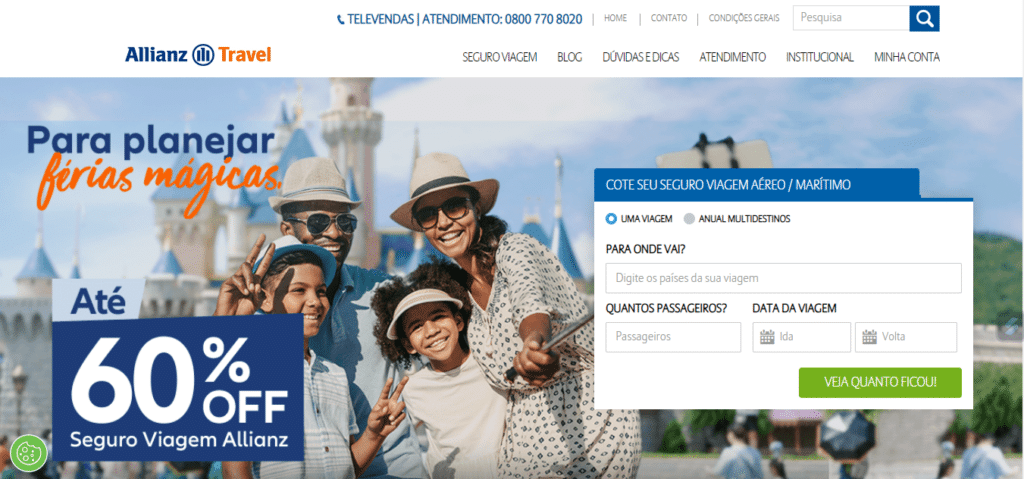 Print da página inicial da Allianz Seguro Viagem