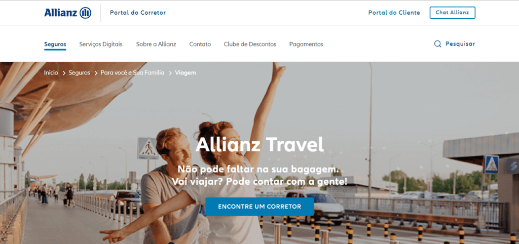 print do site da Seguro Viagem Allianz em promoção com pessoas felizes na parte externa do aeorporto