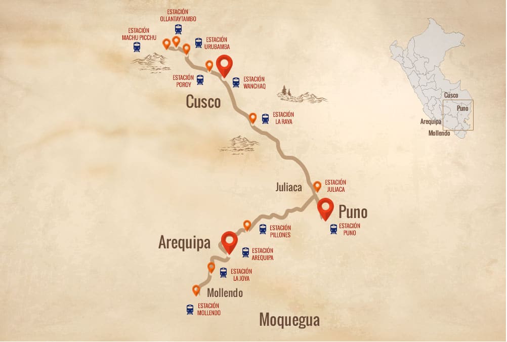 mapa de rota que o trem da perurail segue no Peru, passando pelas regiões de Puno, Arequipa, Mollendo, Juliaca e Cusco.