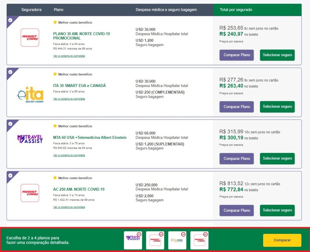 Print da tela do site da Seguros Promo com os planos que foram selecionados para cotação