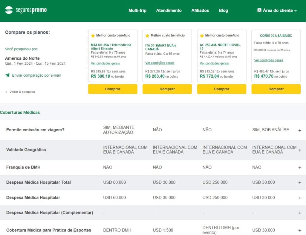 Print da tela do site da Seguros Promo com os planos sendo comparados lado a lado