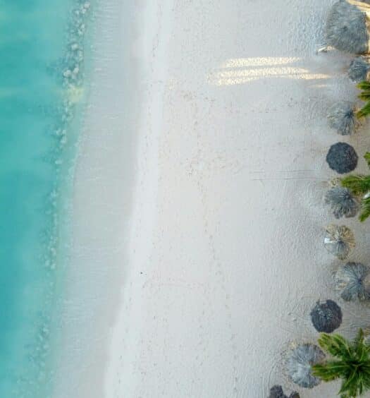 Imagem de cima praia em Aruba durante o dia com área do lado direito e o mar do lado esquerdo. Representa Aruba.