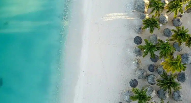 Imagem de cima praia em Aruba durante o dia com área do lado direito e o mar do lado esquerdo. Representa Aruba.