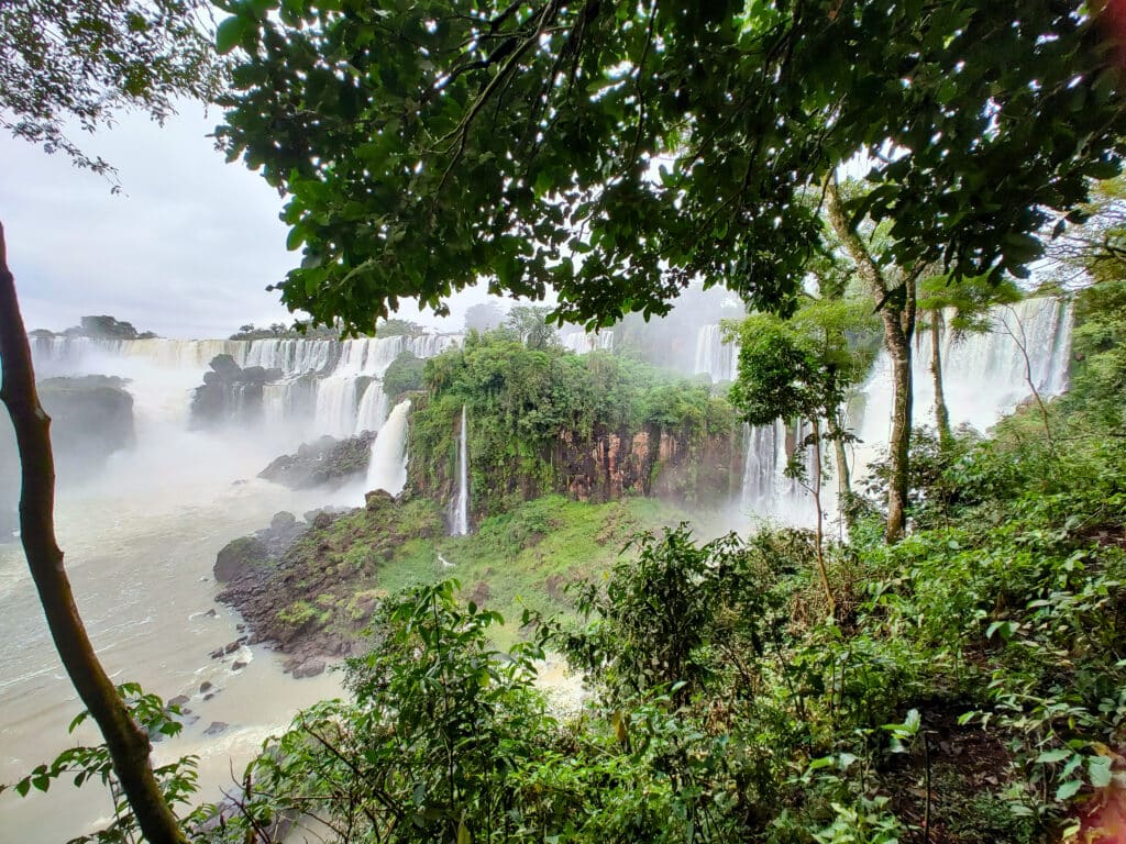 Foto que mostra as cataratas do Iguaçu no lado Argentino. Vê-se árvores, galhos e as cataratas ao fundo. O céu está nublado.