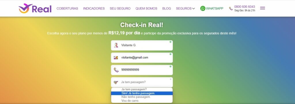 Print da tela da Real Seguro Viagem onde é possível preencher seus dados pessoais