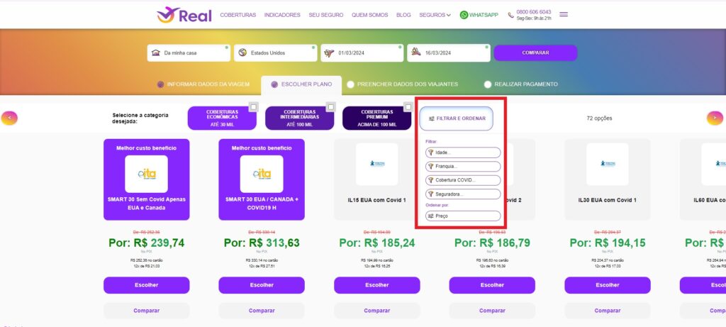Print da tela do site da Real Seguro Viagem com a aba de filtro aberta