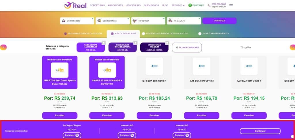 Print da tela do site da Real Seguro Viagem com os planos disponíveis e três sendo selecionamos para comparação