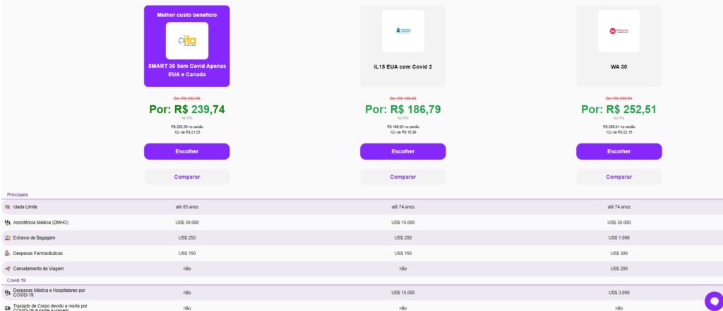 Print da tela do site da Real Seguro Viagem com três planos lado a lado sendo comparados
