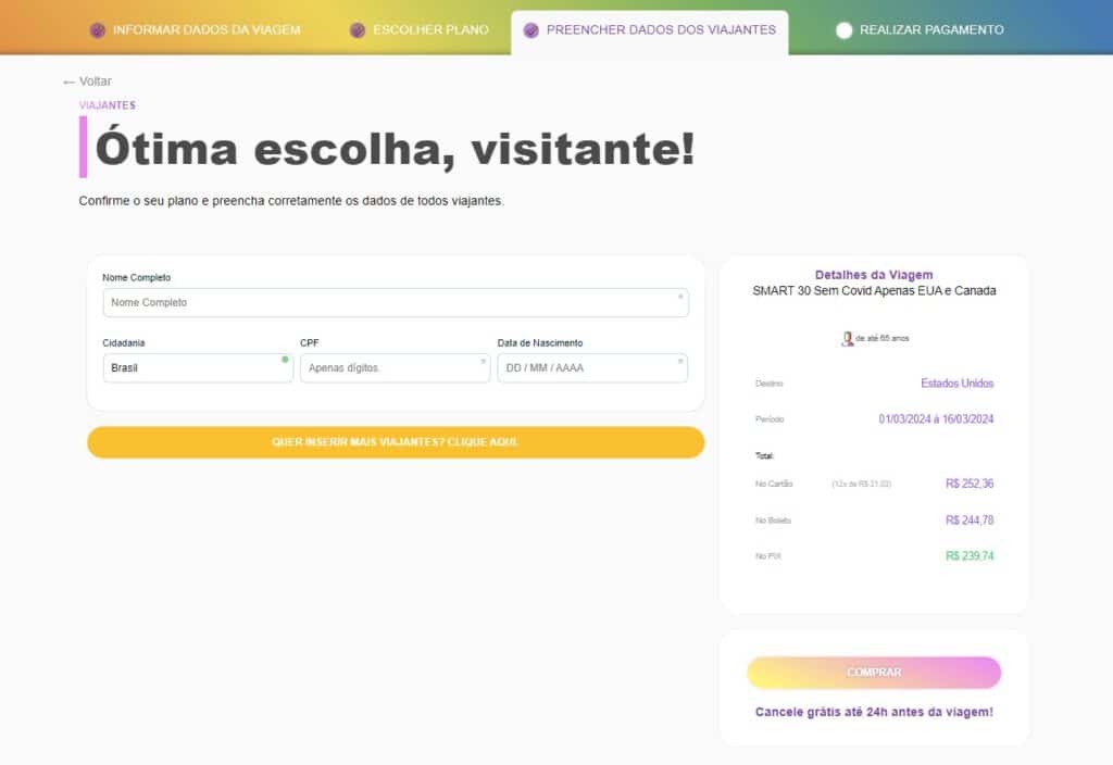 Print da tela do site Real Seguro Viagem na aba onde você preenche seus dados pessoais e é direcionado para a aba de pagamento