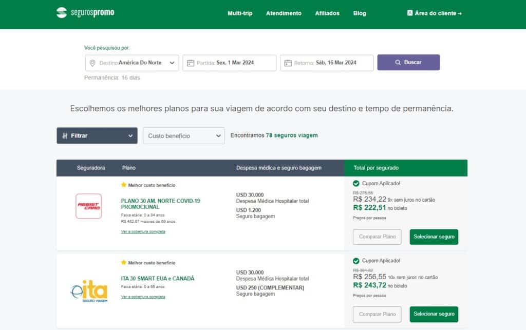 Print da tela do site da Seguros Promo com diversos planos disponíveis