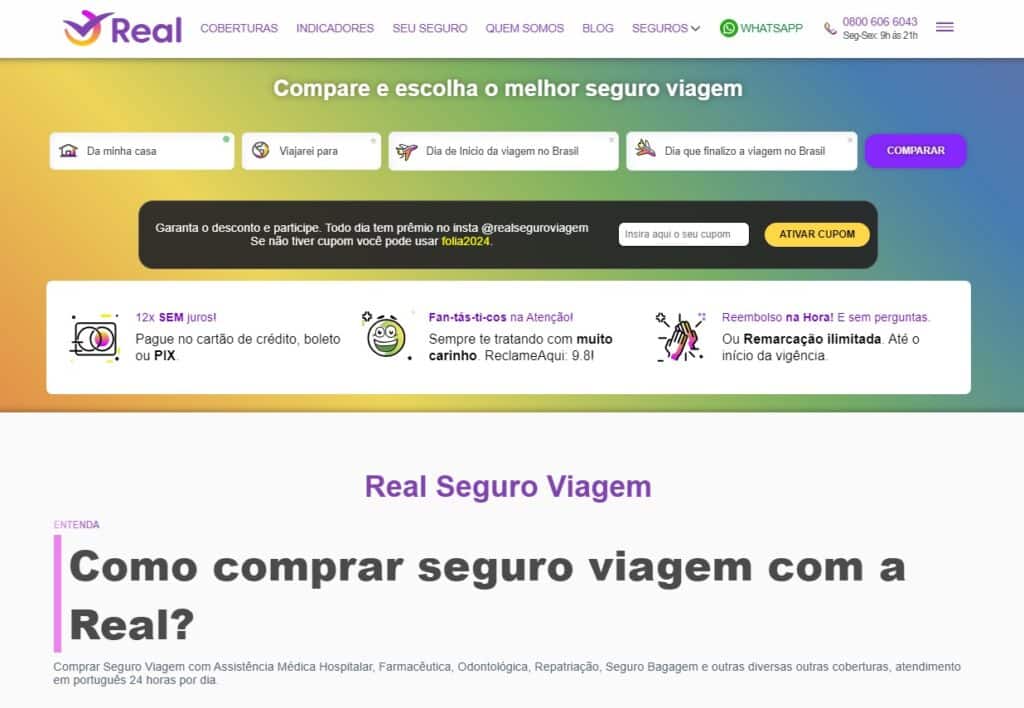 Print da tela inicial do site da Real Seguro Viagem