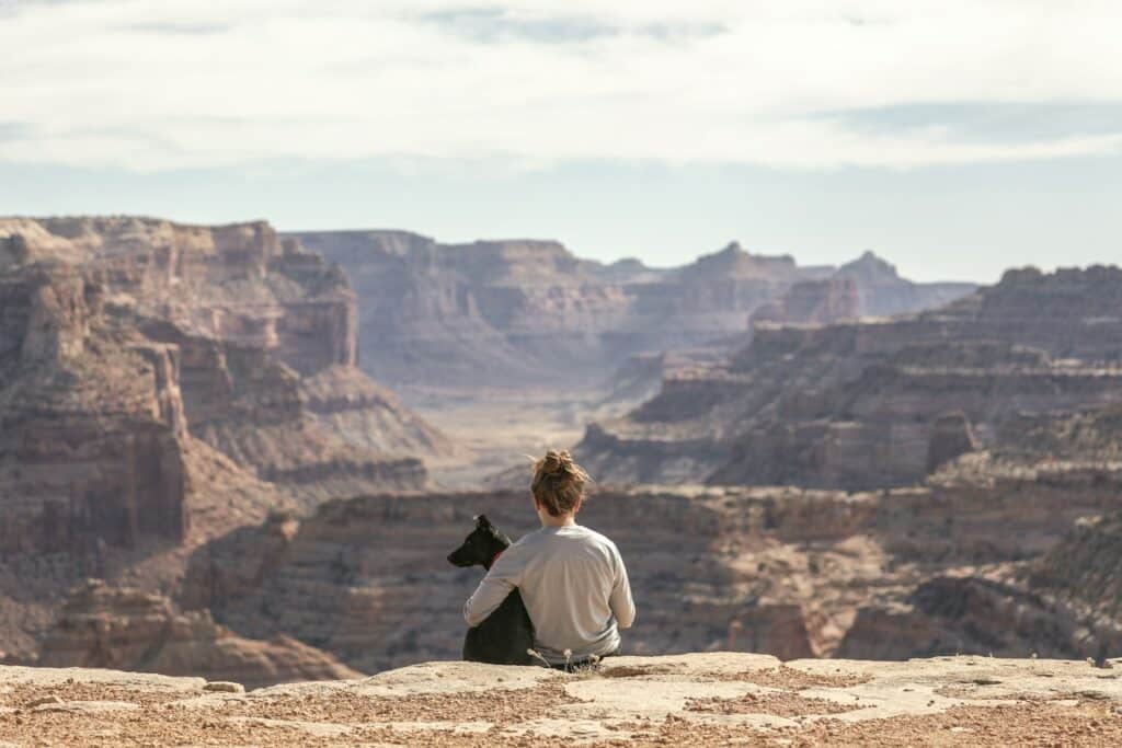 mulher com cachorro sentados de costas em frente ao Grand Canyon, nos Estados Unidos, uma formação rochosa sinuosa