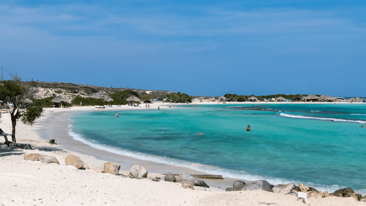 Imagem de uma praia durante o dia em Aruba com faixa de areia do lado esquerdo no canto e do lado direito o mar.