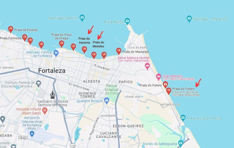 Mapa de Fortaleza com as principais praias sinalizadas