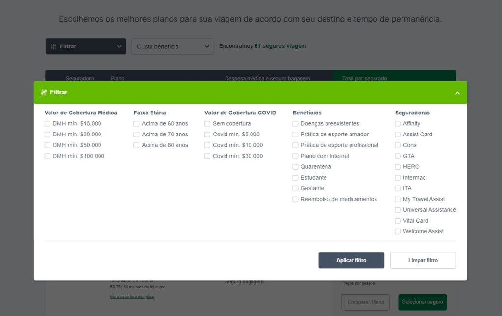 Print da tela do site da Seguros Promo com as opções de filtro disponíveis abertas