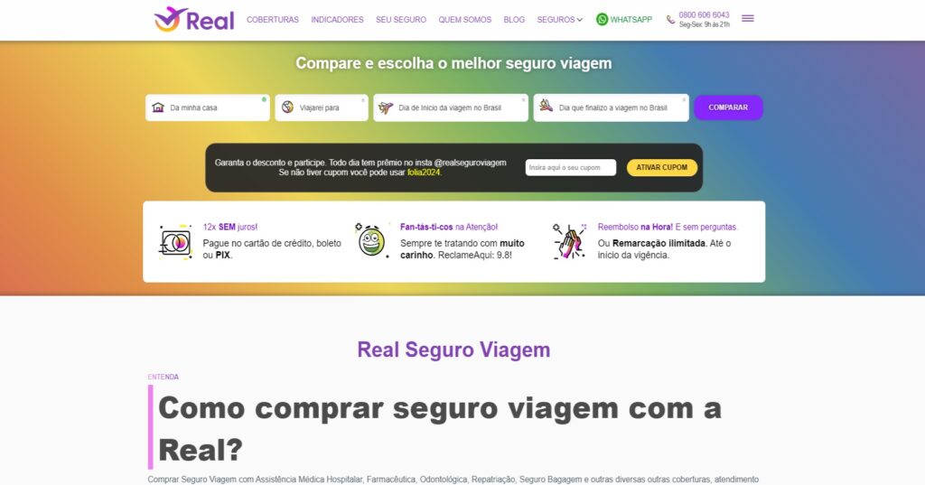 Print da tela de entrada no site da Real Seguro Viagem