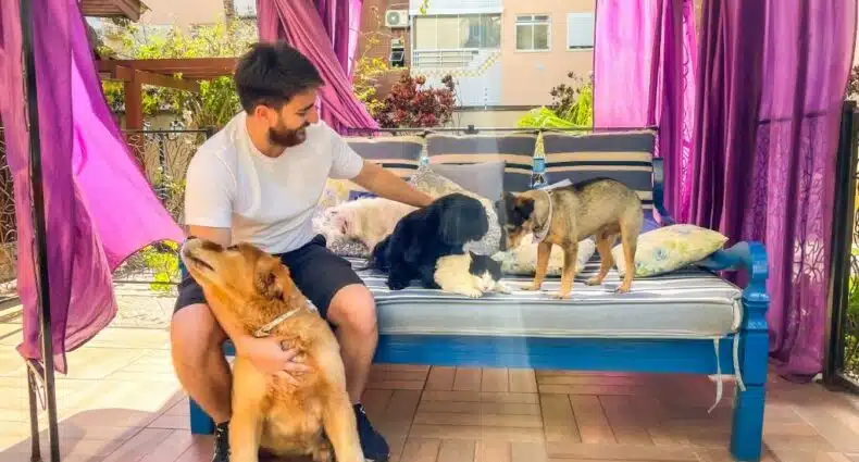 Um homem agachado segurando um cão grande e fazendo carinho em dois cachorros e um gato no Hotel & Pousada Sonho Meu. Foto para ilustrar post sobre pousadas pet friendly em Santa Catarina.