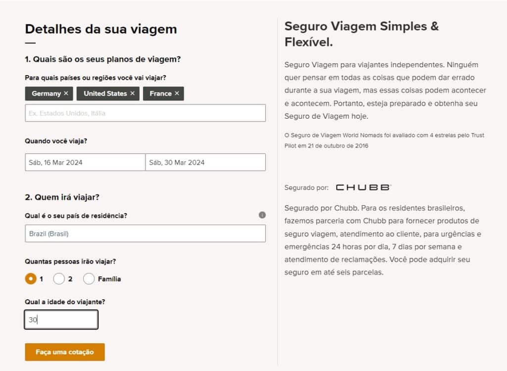 Print da tela do site World Nomads onde é possível fazer a cotação de seguros