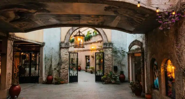pátio de entrada com detalhes charmosos parecendo uma vila clássica com portinhas de vidro, plantinhas em um ambiente aberto no Hotel Plaza Central Canning, um dos hotéis perto do aeroporto de Buenos Aires