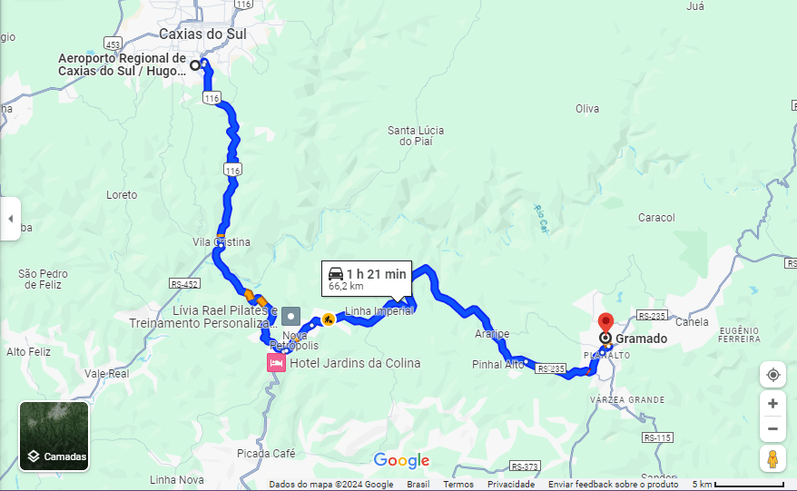 print do Google Maps mostrando a distância entre o Aeroporto de Caxias do Sul até Gramado 