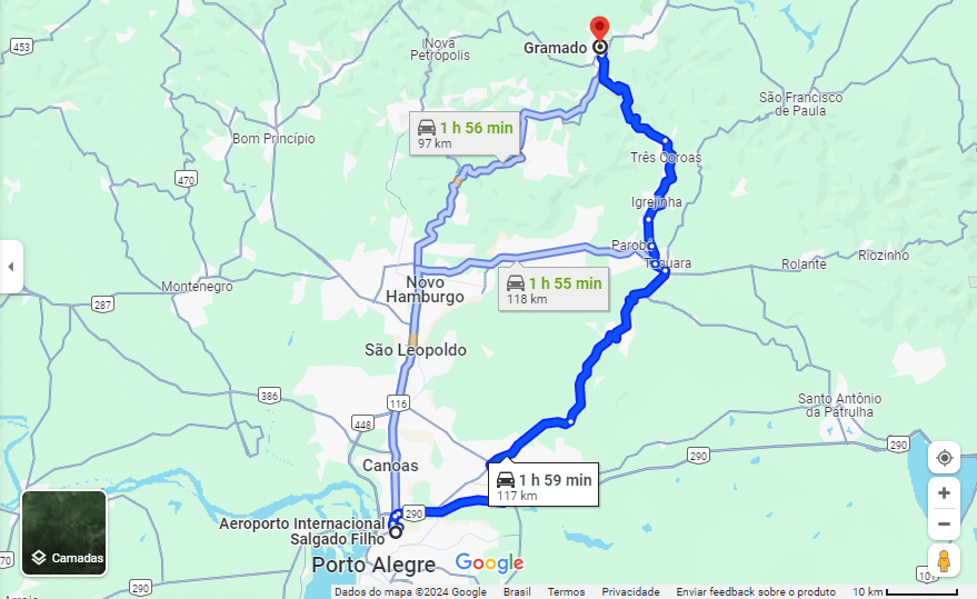 print do Google Maps mostrando a distância entre Aeroporto de Porto Alegre até Gramado