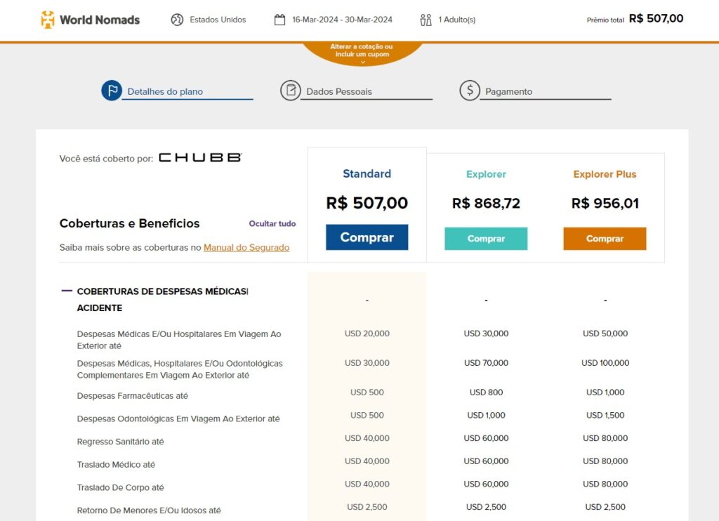 Print da tela no site da World Nomads onde os três planos Standart, Explorer e Explorer Plus são exibidos