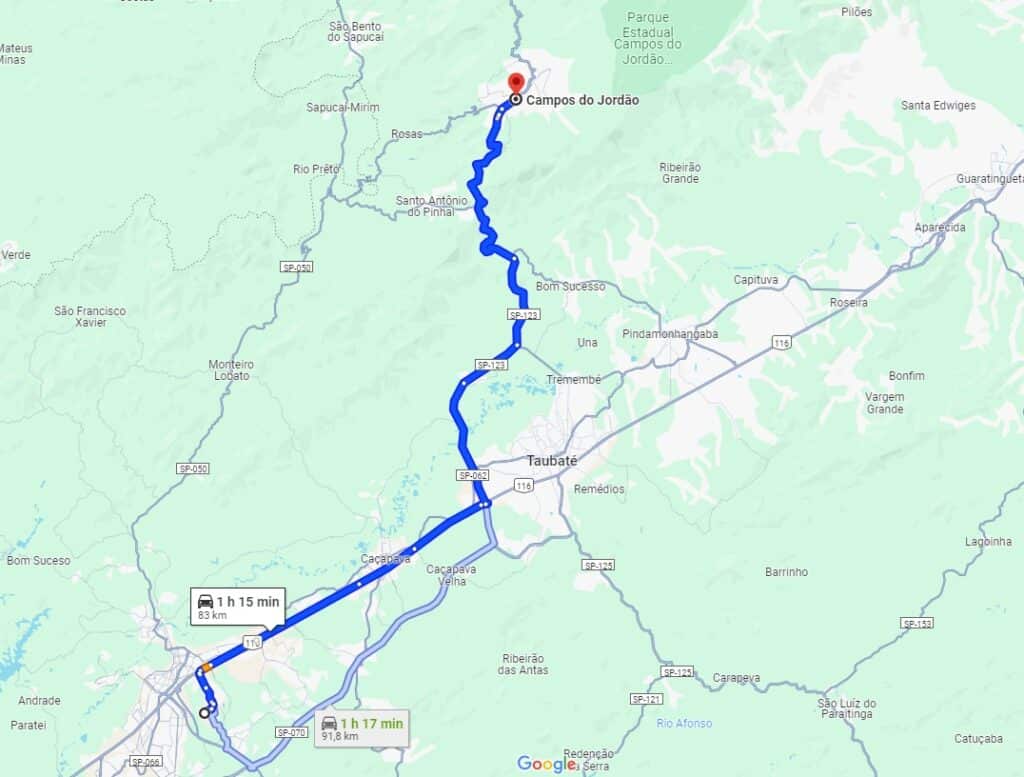 Print do Google Mapso mostrando a distância do Aeroporto de São José dos Campos até Campos do Jordão