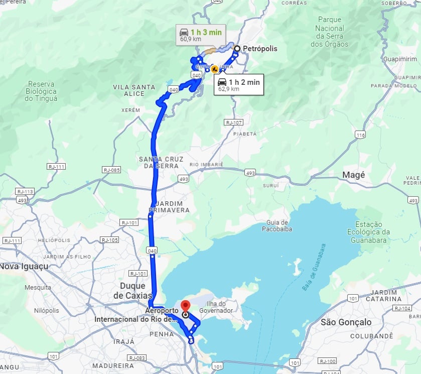 Print do Google Maps com distância do Aeroporto do Galeão até Petrópolis