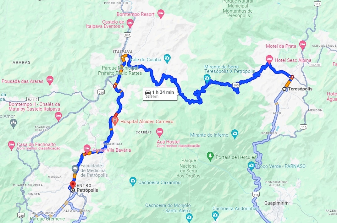 Print do Google Maps com a distância entre Teresópolis e Petrópolis